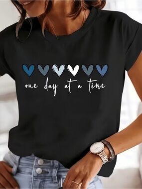 One Day at a Time Heart Graphic Tee - Black